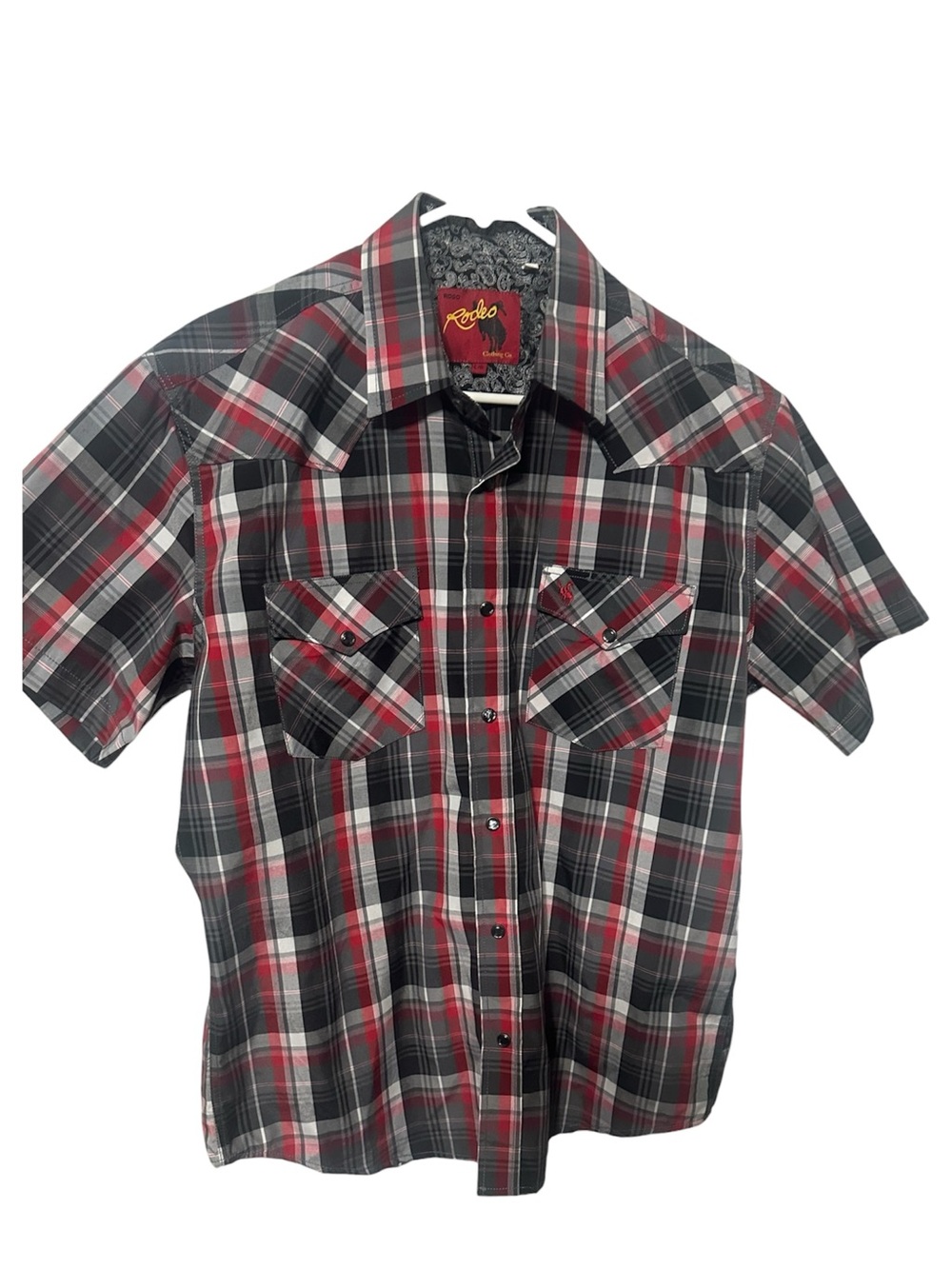Rodeo Clothing Co Red Gray Plaid Pearl Snap Western Shirt Large